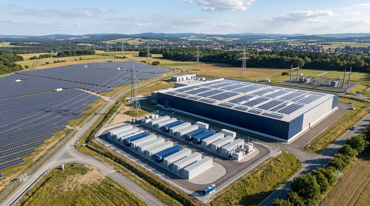 Illustration of the EU Electricity Market Design Reform showing intertwined gears representing energy production, consumption, and storage, with renewable energy sources like wind turbines and solar panels integrated into a smart grid, symbolizing future energy scenarios from an N2N perspective.