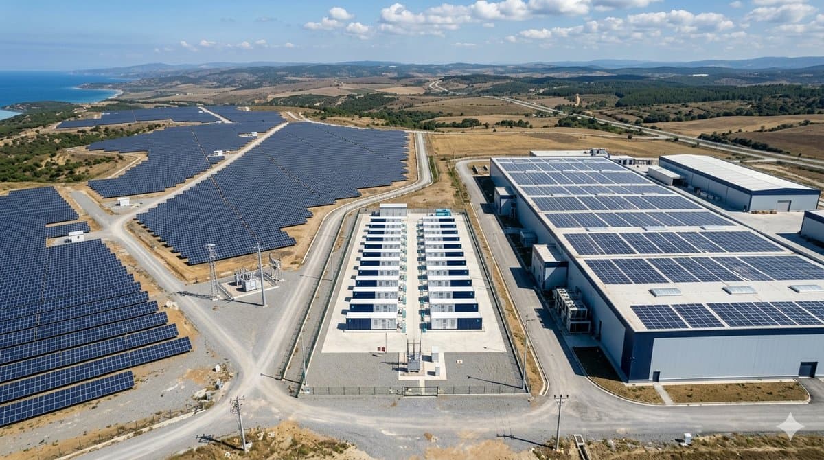 Solar panels on a commercial building rooftop with a city skyline in the background, illustrating the integration of renewable energy in C&I facilities.