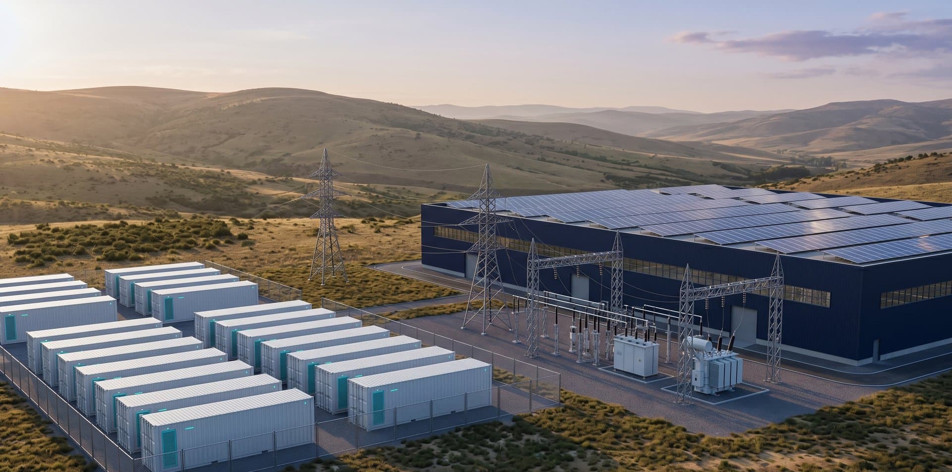 Endüstriyel enerji ekosistemi: güneş panelli fabrika, batarya depolama ve trafo merkezi.