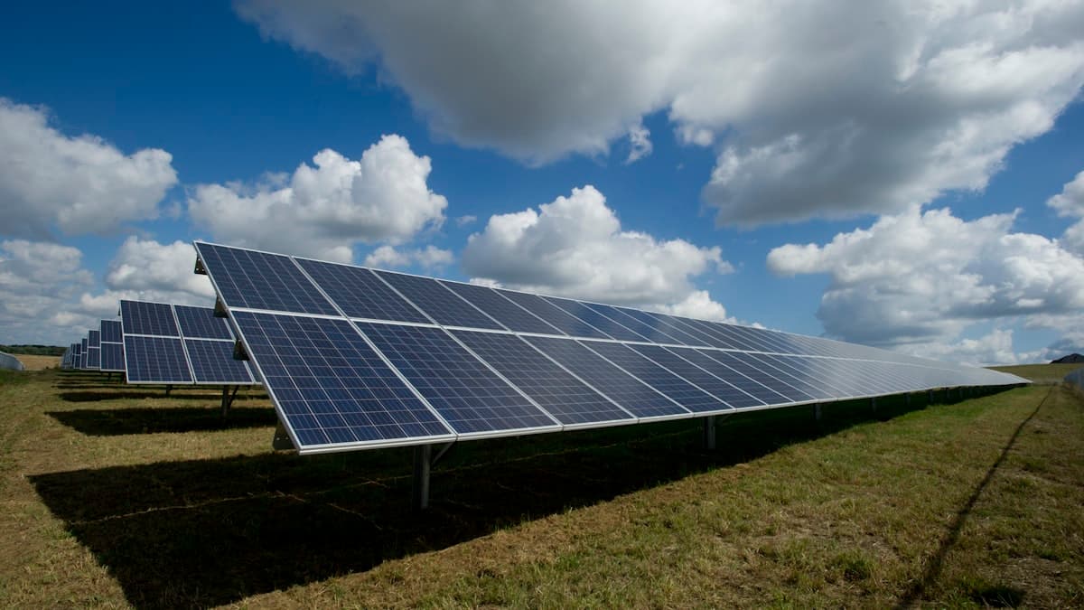 Sıra sıra fotovoltaik panellerden oluşan büyük ölçekli bir güneş enerjisi santralinin havadan görünümü